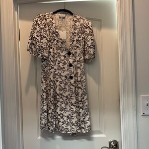 Ganni Brown and White Puff Sleeve Mini Dress